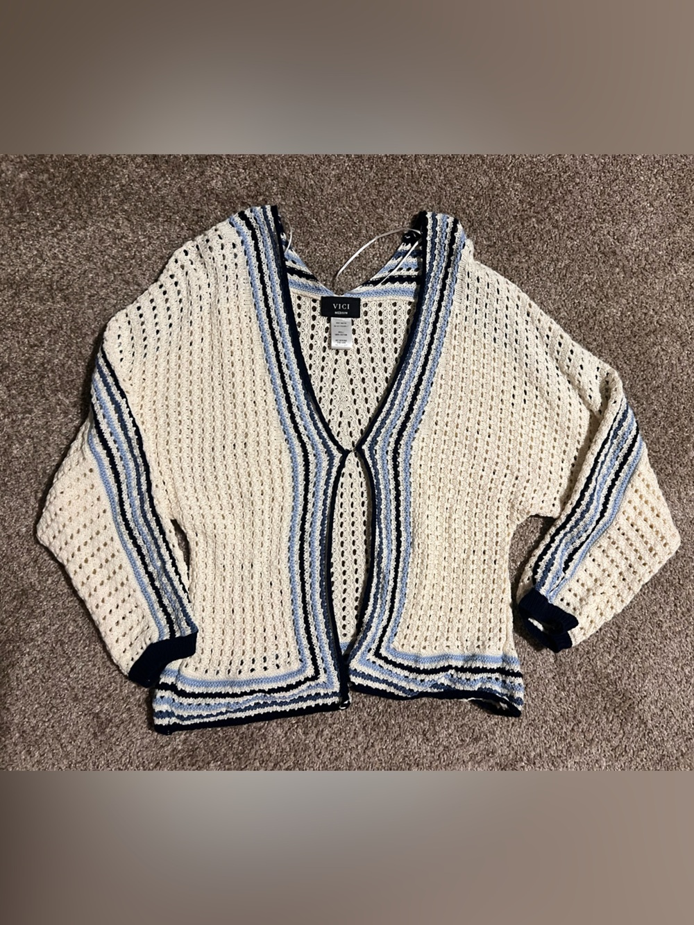 Vici Cream Open Knit Cardigan with Blue and Navy Trim Coastal Grandmother